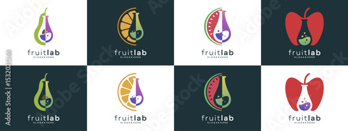 Set Collections of Fruits with Lab Glass Test, Logo Design Ideas. Vector Combine of Fruit Research Concept.