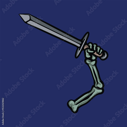 Skeleton hand holding sword cartoon vector illustration