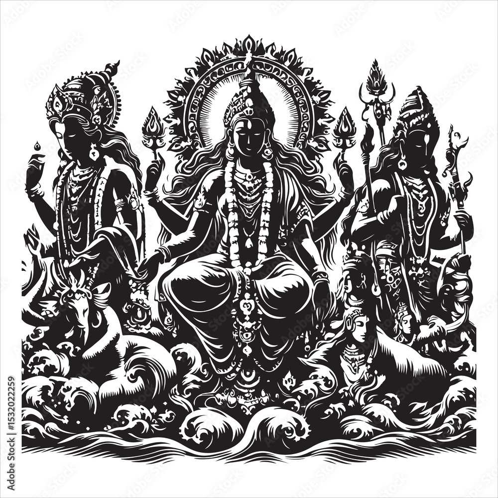 Fototapeta premium Maa Durga in Silhouettes The Symbol of Strength and Protection, black colour vactor 