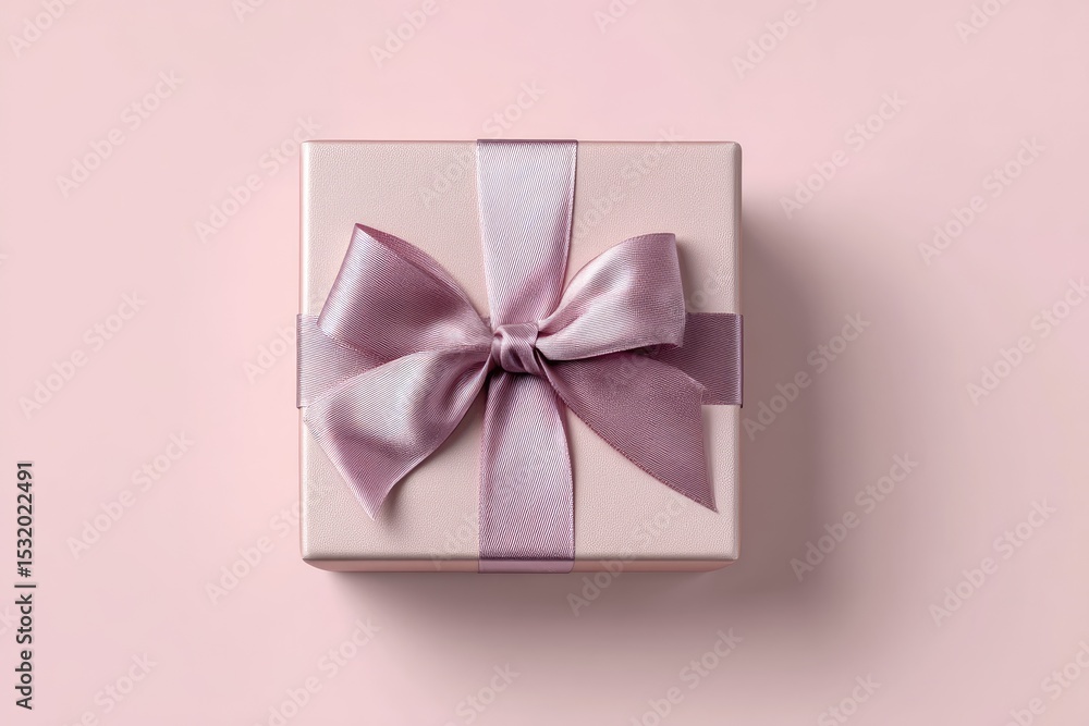 Pale pink gift box, mauve ribbon bow Pale pink gift box, mauve ribbon bow