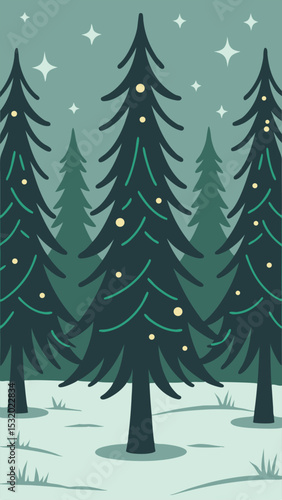 Vector illustration of stylized christmas trees with stars and a wintery landscape on a transparent background.