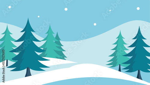 Vector illustration of winter landscape with snow covered hills and evergreen trees