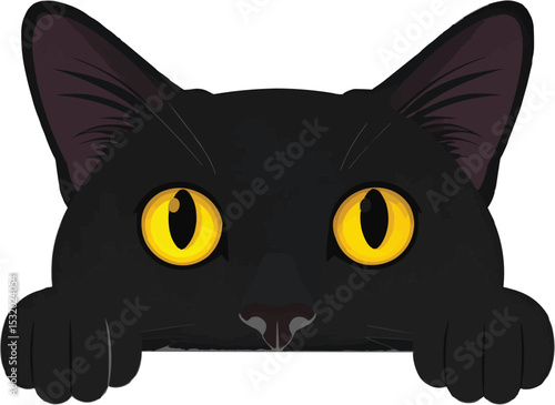 A peek of a feline friend with bright yellow eyes on a dark setting art on transparent background