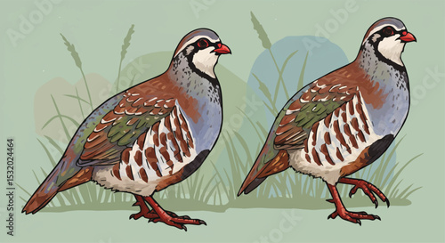  Red-legged Partridge Pair in Natural Habitat