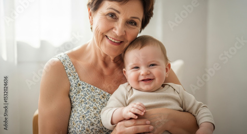 Smiling Grandmother Holding Baby Indoors In Brightly Lit Room With White Background Showing Affectionate Bonding