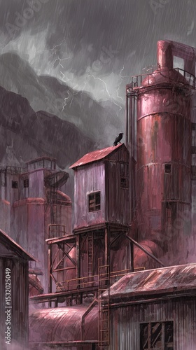 Rusty Industrial Buildings In Snowy Landscape At Night