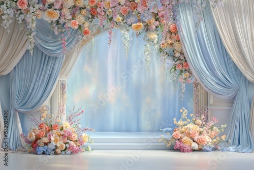 Dreamy pastel backdrop featuring a light blue stage flanked by flowing light blue curtains and abundant pastel floral arrangements