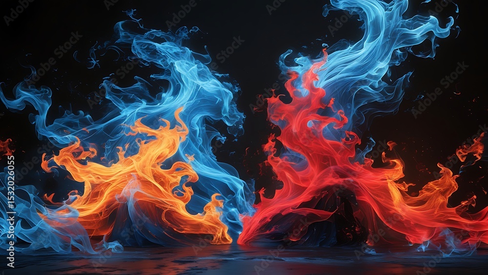 Fototapeta premium Abstract blue and orange fire flames collision
