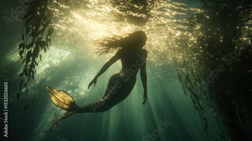 Submerged mermaid silhouette. Sunlight streams through underwater kelp forest