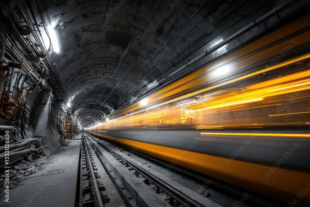 A high-speed train streaks through a dimly lit, aged subway tunnel, leaving motion blur trails of vibrant yellow light. A high-speed train streaks through a dimly lit, aged subway tunnel, leaving motion blur trails of vibrant yellow light.