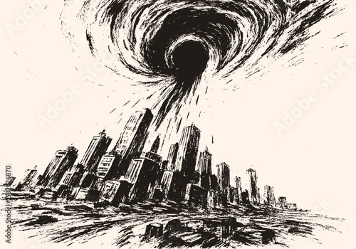 Apocalyptic cityscape drawing with towering buildings being sucked into a dark swirling vortex in the sky. Dramatic black and white sketch.