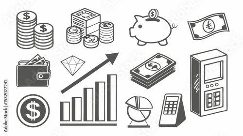 Hand-drawn finance and business icons set: a sketch of web, mobile, and banking symbols for money and internet design illustrations