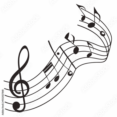 A vector illustration of musical notes with a treble clef and sound wave elements on a black stave, creating a melodic design