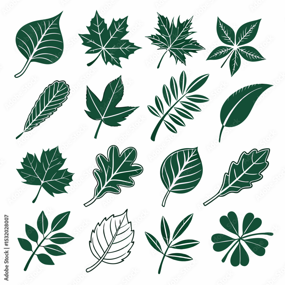 Set of green leaves vector illustration with a seamless floral pattern of nature's foliage, perfect for an eco-friendly design or wallpaper Set of green leaves vector illustration with a seamless floral pattern of nature's foliage, perfect for an eco-friendly design or wallpaper