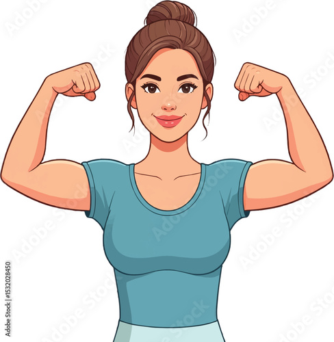 Cartoon woman flexing her biceps with a smile on her face and confident look on transparent background