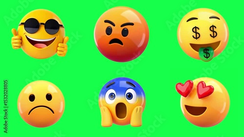 Colorful expressive emoji collection animation, transparent 4K video, green screen set