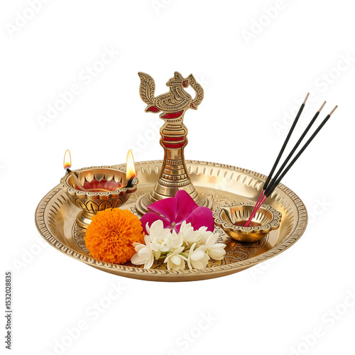 Indian hindu god puja Aarti plates with burning lamp and flowers on White background PNG file 