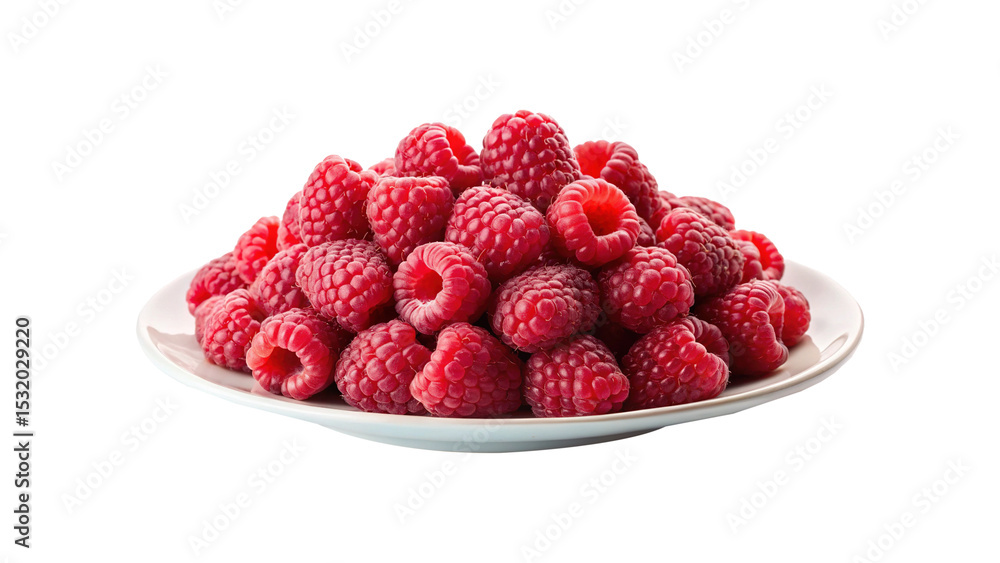 Pile of fresh raspberries on a white plate against white background Pile of fresh raspberries on a white plate against white background