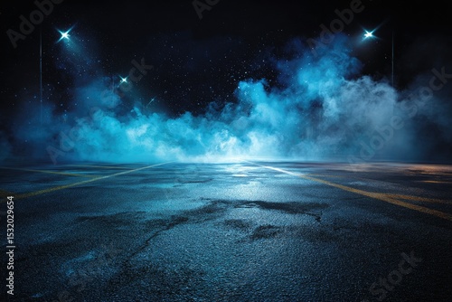 A nighttime asphalt road scene with blue-tinged smoke and bright lights, creating a moody atmosphere