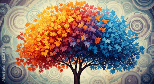 Colorful Pixelated Tree With Orange And Blue Leaves Against Abstract Patterned Background