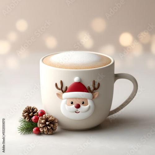 A festive latte art Santa bs holiday season cheer with beautiful decoration, inviting a warm and cozy feeling du the Christmas celebration season.