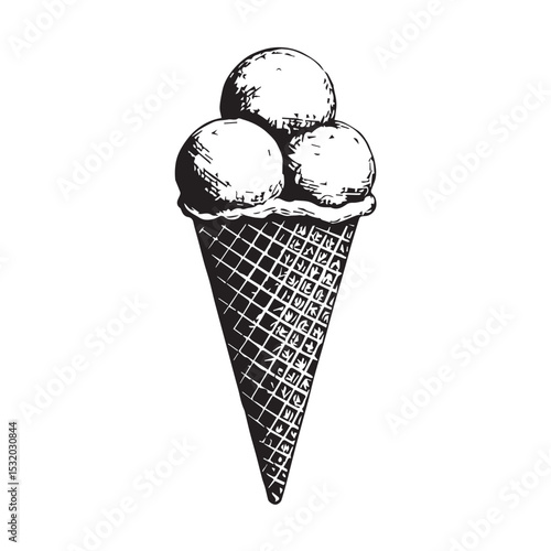 Three scoops of ice cream in a waffle cone black and white illustration