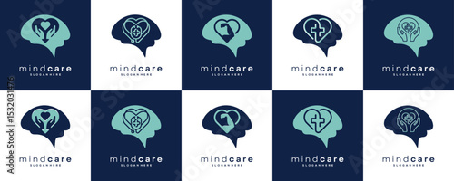 Set Collections of Mind with Healthy Lifestyle, Logo Design Ideas. Abstract Vector of Mental Health of the Mind Through Hobbies and Sports Concept.
