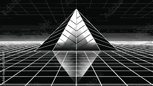 Abstract geometric pyramid with reflection set against a gridded horizon in black and white