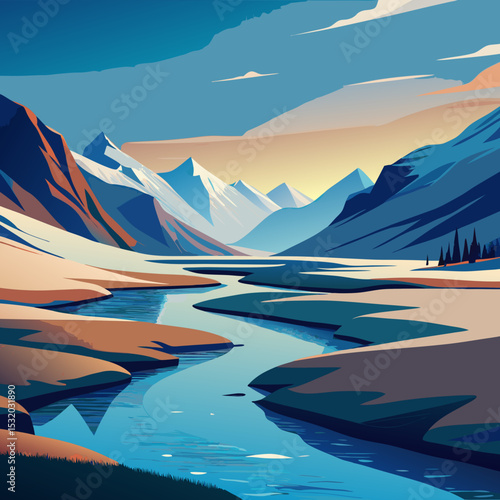 A quiet glacial stream weaving through tundra in Canada

