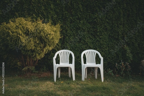 Two white plastic chairs sit on a grassy lawn before a dense green hedge and a smaller, light-green bush