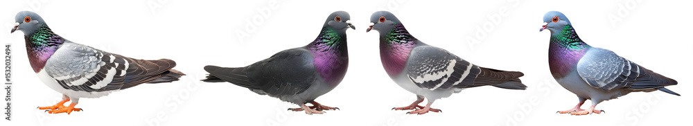 Naklejka premium Four Rock Pigeons In Various Poses With Grey Purple And Iridescent Green Plumage Isolated On A Transparent Background