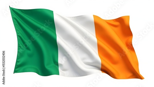 Photorealistic Irish flag with vertical green, white, and orange stripes. Realistic fabric texture and soft natural folds. Isolated on white background.
