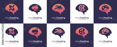 Set Collections of Mind with Hobbies Healing Logo Design Ideas. Abstract Vector of Mental Health of the Mind Through Hobbies and Sports Concept.