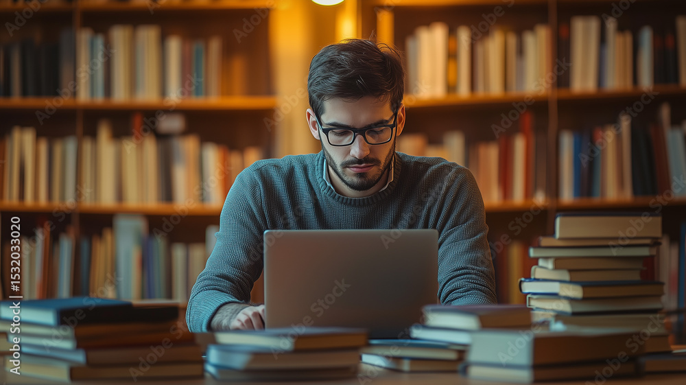 Young professional focused on personal development studying online course with warm lighting Young professional focused on personal development studying online course with warm lighting