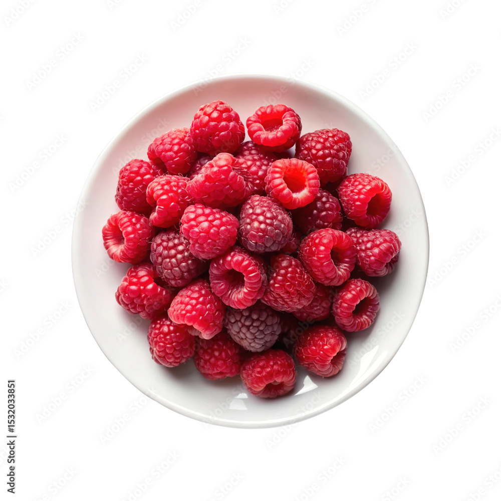 Fresh red raspberries piled on a white plate and isolated on background Fresh red raspberries piled on a white plate and isolated on background
