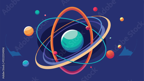 Abstract illustration depicting orbital rings surrounding a three dimensional central structure