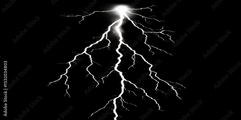 Obraz premium Powerful Lightning Bolt Striking Down A Dark Night Sky Dramatic White Electricity Flash