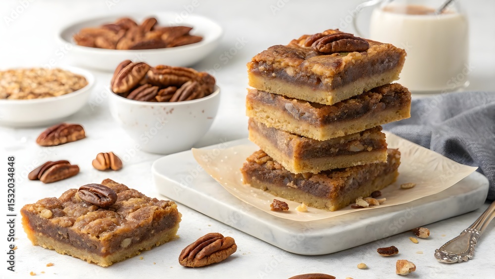 Delicious Pecan Bars Stacked on a White Plate with Nuts and Oatmeal Delicious Pecan Bars Stacked on a White Plate with Nuts and Oatmeal