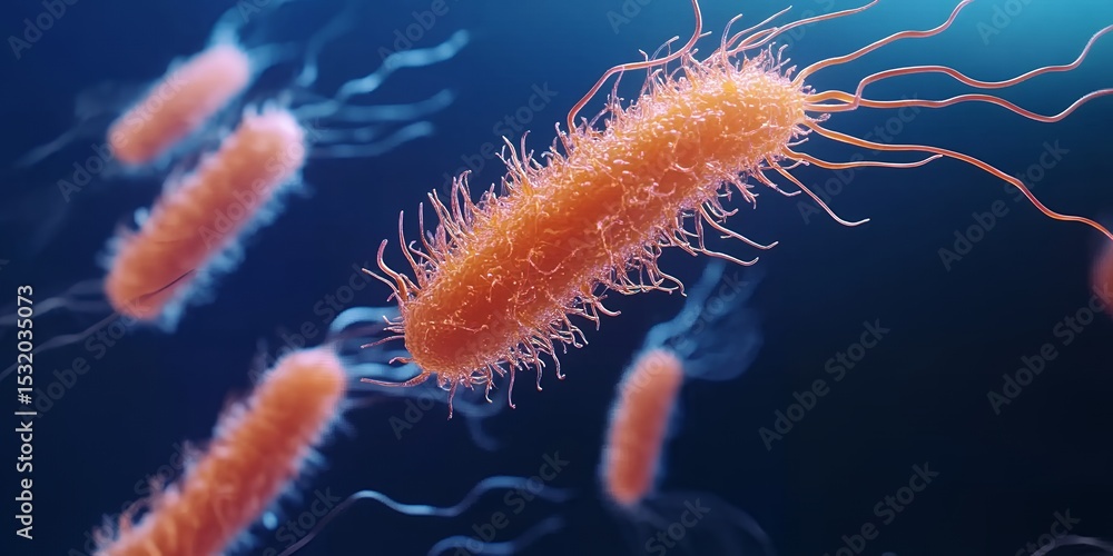 Obraz premium Microscopic View of Orange Bacteria Swimming in Blue Fluid Detailed 3D Render