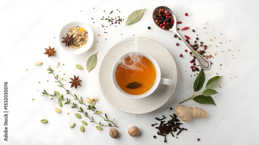 Aromatic Herbal Tea with Spices and Fresh Ingredients on White Surface Aromatic Herbal Tea with Spices and Fresh Ingredients on White Surface