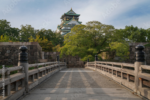 Osaka Castle from the side of the Gokuraku-bashi Bridge over the Inner Moat on a sunny autumn morning, Osaka, Japan