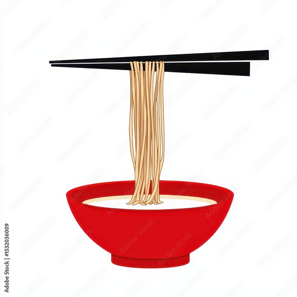 Chopsticks lifting light brown noodles from a red bowl of creamy broth. Simple, minimalist illustration against a white background. The focus is on the noodles and the act of eating. Chopsticks lifting light brown noodles from a red bowl of creamy broth. Simple, minimalist illustration against a white background. The focus is on the noodles and the act of eating.