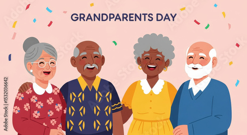 Pixelated Group Portrait Of Four Smiling Grandparents Celebrating Grandparents Day With Festive Confetti Pink Background