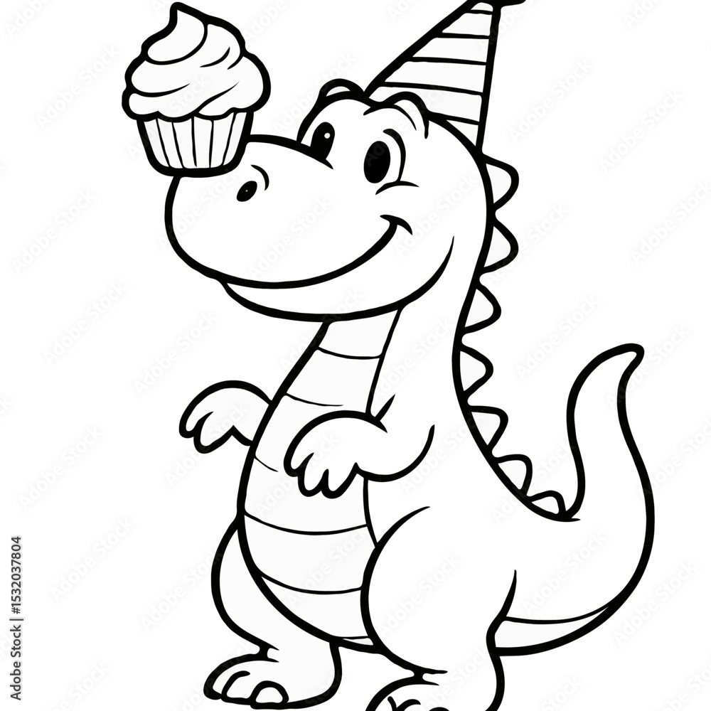 Fototapeta premium Cute Cartoon Dinosaur Wearing a Party Hat with a Cupcake on its Nose Coloring Page