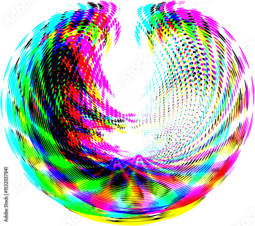 Halftone fluttering mandala with light sector for copying text. Rainbow multilayered outline. Vector.