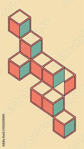 Abstract isometric cubes arrangement with retro color palette design in graphic composition