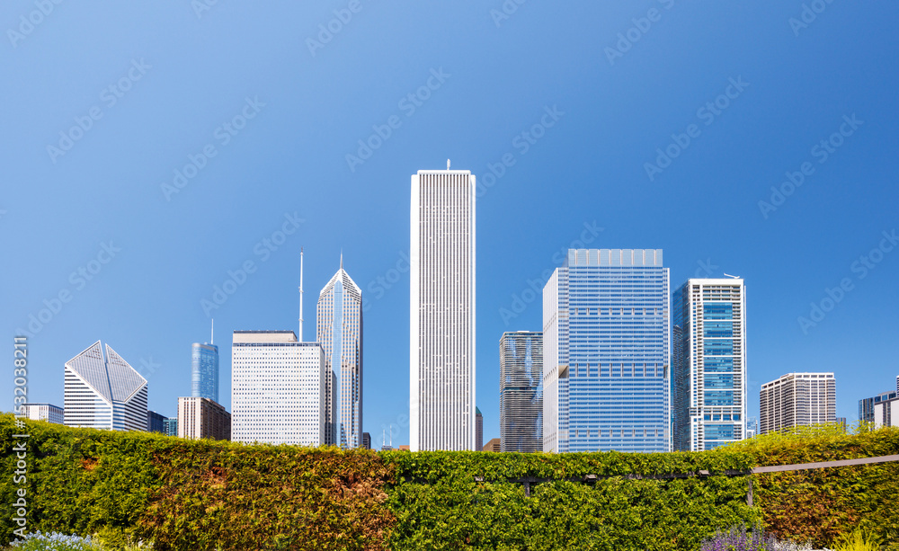 Fototapeta premium Sunny view of downtown Chicago with iconic skyscrapers rising above a lush green park
