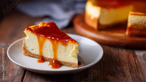 Delicious slice of cheesecake with caramel sauce