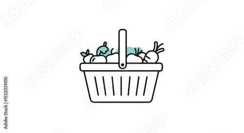 A detailed illustration of a shopping basket filled with various fresh fruits and vegetables.