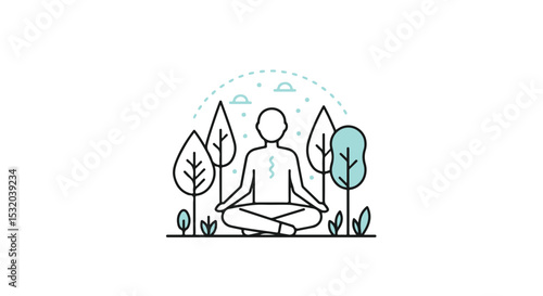 A person meditating surrounded by trees in the peaceful forest.